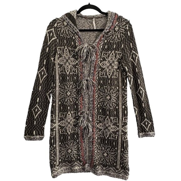 FREE PEOPLE Women Kai Tapestry Cardigan Tassel Tie Front Sz L Taupe Boho 46-14 - Picture 1 of 16